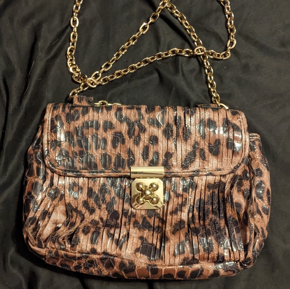 CHICOS Metallic Gorgeous Leopard Print Purse Gold Metal Chain - Picture 5 of 5